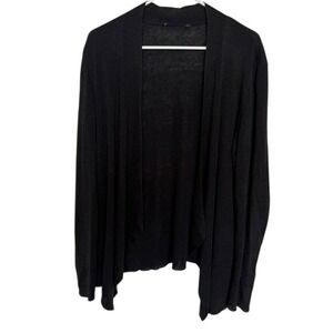 Eileen Fisher Black Organic Linen Open Front Waterfall Cardigan‎ Sweater Cozy